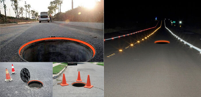 Pon una franja reflectante en el lado interior de la entrada de una alcantarilla, de modo que si se retira la cubierta, el orificio sea visible para los conductores por la noche: ¿ya existe?