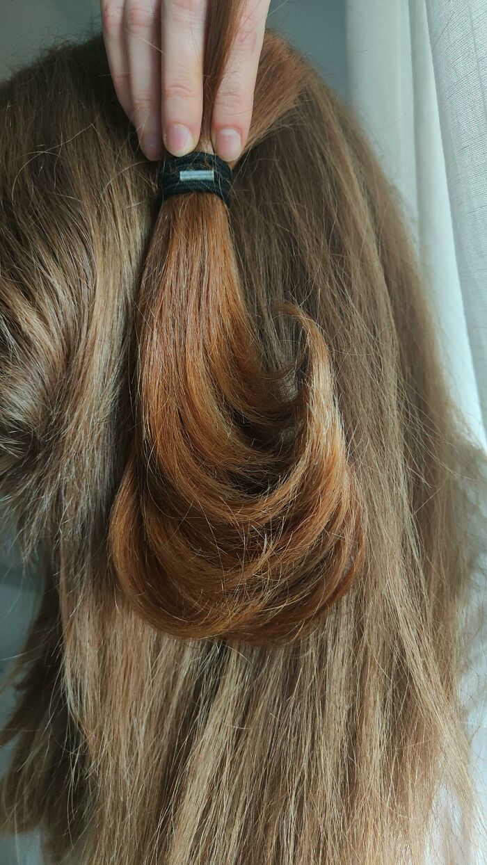 Un mechón de mi pelo pelirrojo cuando tenía 16 años comparado con mi pelo actual a los 27