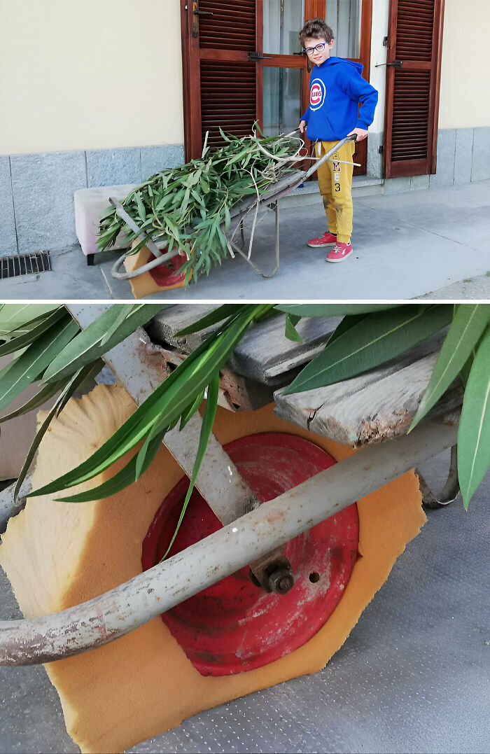 Ayer mi hijo ayudaba a su abuelo en el jardín y la rueda de la carretilla explotó. Hoy le ha hecho una rueda nueva "sin aire" y funciona