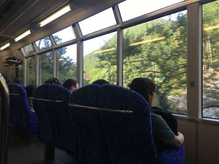 Asientos de trenes mirando hacia la ventana para ver el paisaje, Japón