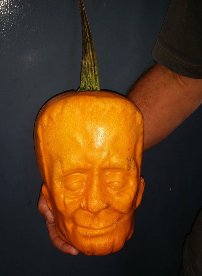 Calabaza cultivada dentro de un molde de plástico