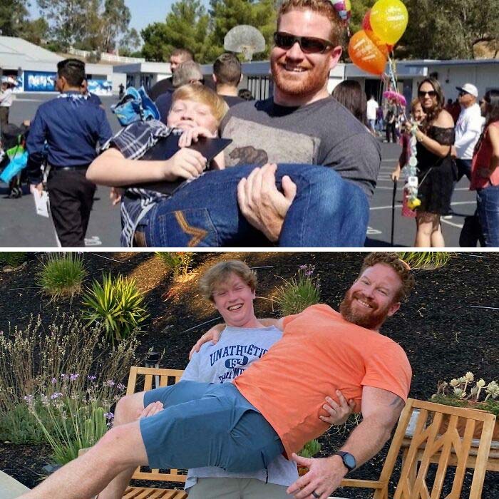 Yo con mi hijo cuando terminó 8º grado VS mi hijo conmigo al graduarse del instituto