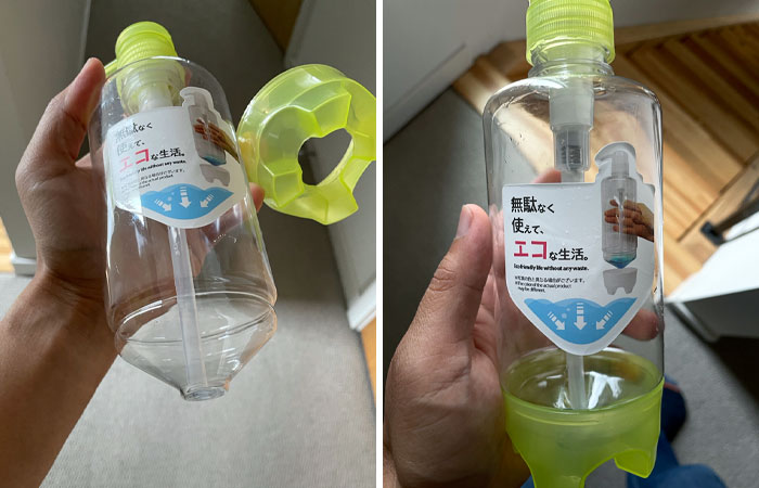 Esta botella dispensadora está diseñada para sacar el máximo posible del producto de su interior