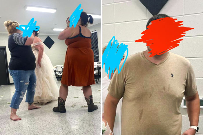 El novio con su camiseta llena de manchas durante los votos