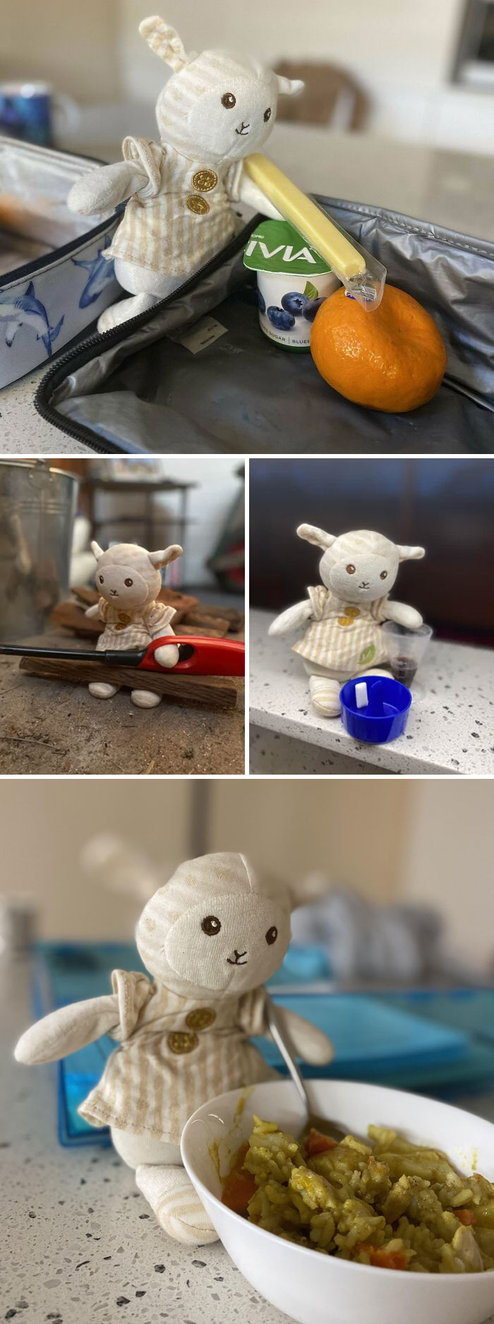 Mi hija se dejó su juguete en el coche y estaba muy molesta por ello. Le mandé fotos para mostrarle que su ovejita está bien y ayudándome en el trabajo