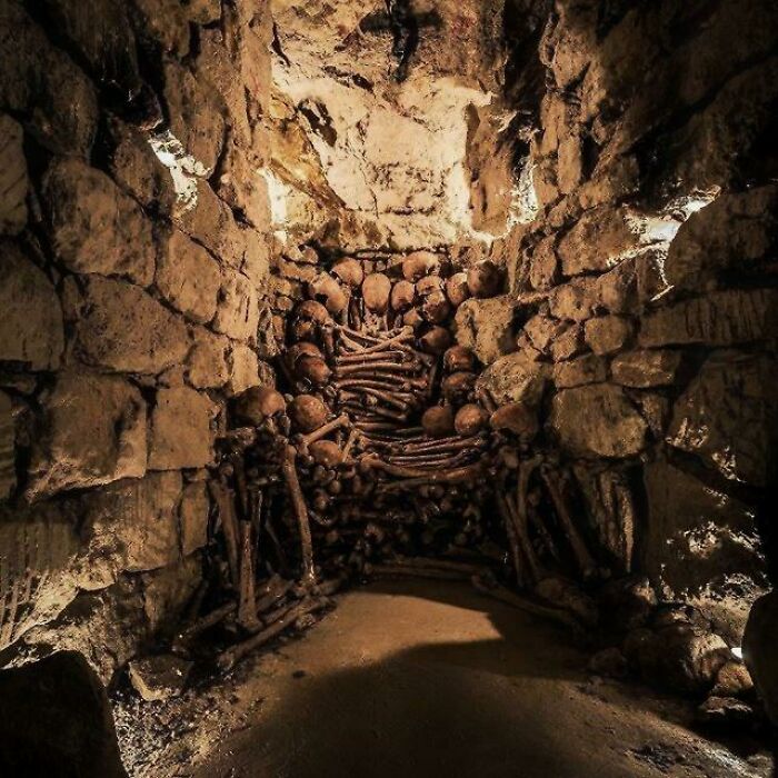 Trono hecho de huesos humanos en las catacumbas de París