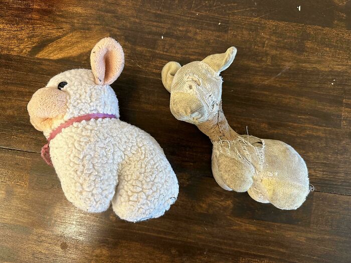 El mismo peluche: uno nuevo y el otro tras recibir cariño durante 30 años