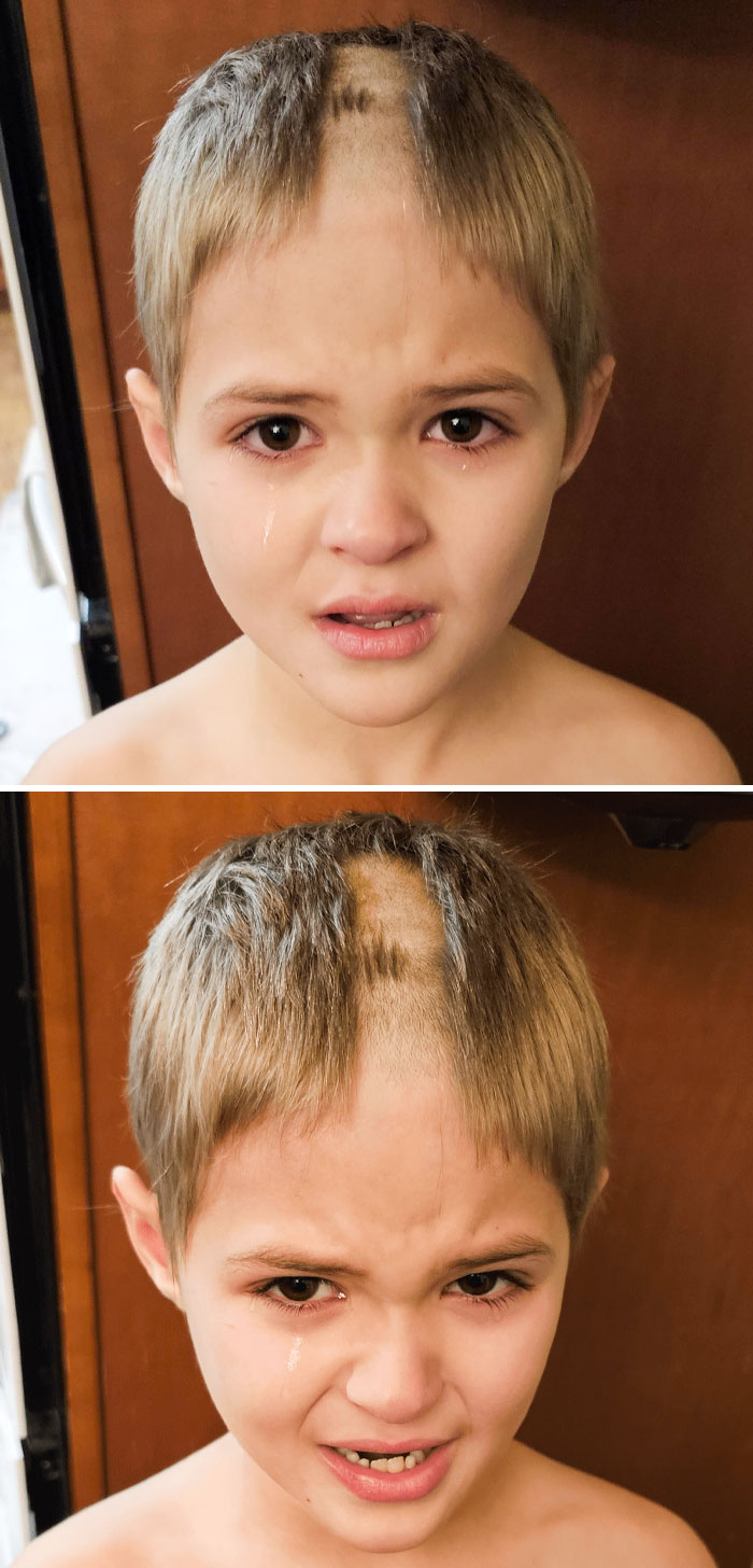 Quiere que haga algo para que le crezca el pelo antes de tener que ir al colegio. Tener trillizos y una maquinilla para la barba no es bueno