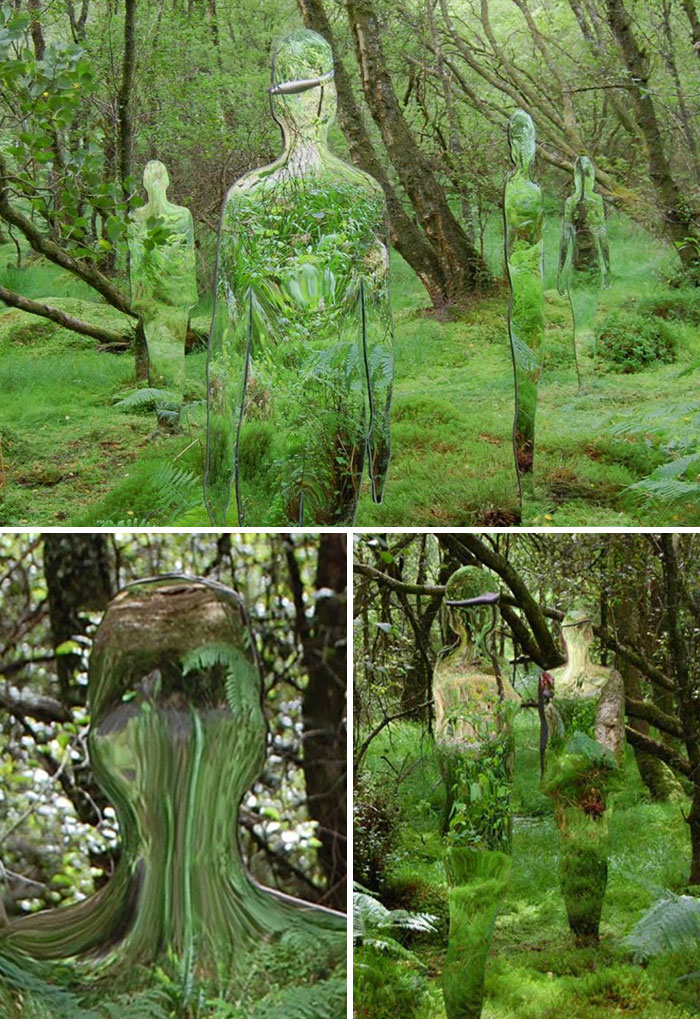 Esculturas espejadas que reflejan el bosque, por el artista escocés Rob Mulholland