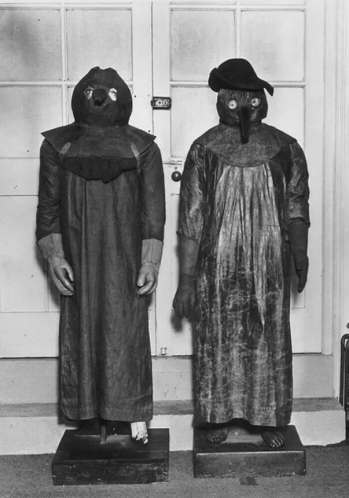 Dos figuras en trajes vintage y máscaras animales, creando una sensación extrañamente aterradora.