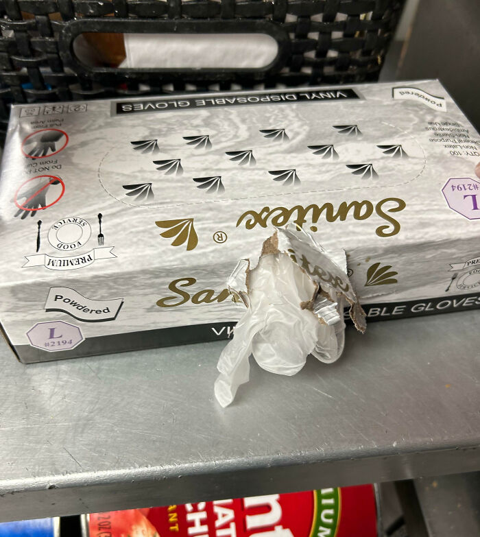 Cómo mi compañero de trabajo abre una caja de guantes con la parte superior perforada