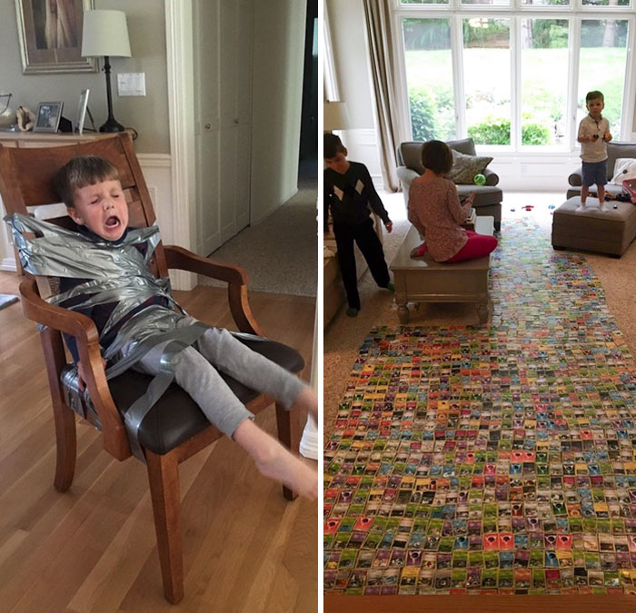 Mis dos hijos mayores intentaban colocar todas sus cartas de Pokémon, pero el más pequeño seguía metiéndose, así que lo ataron con cinta adhesiva a una silla