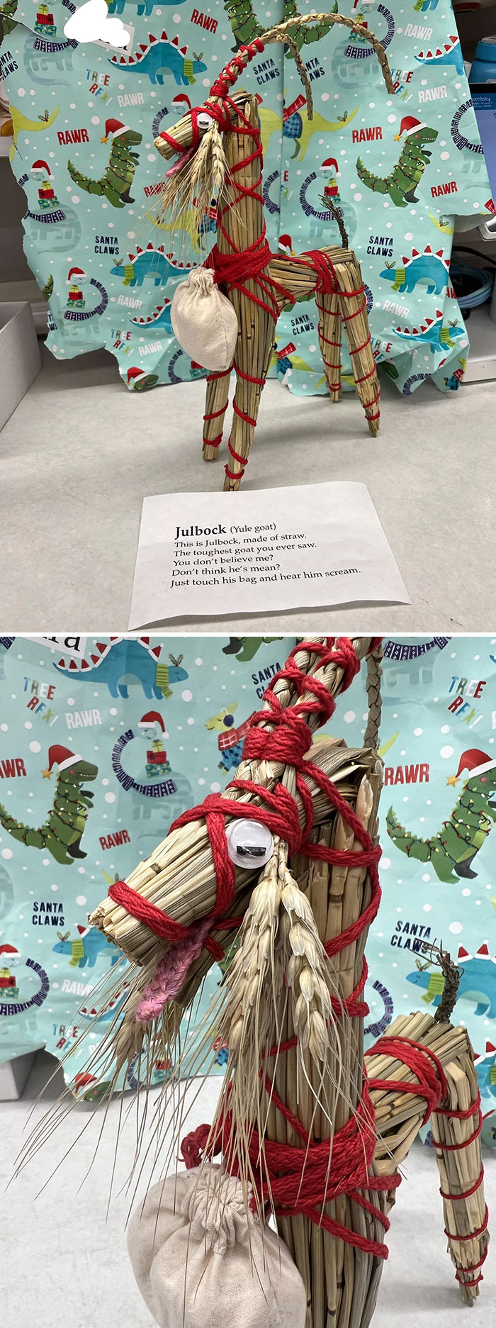 Mi compañero de trabajo me hizo a mano una cabra que grita para Navidad