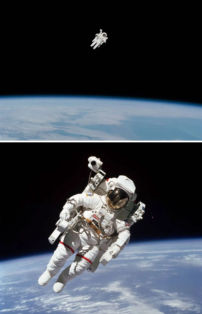 Una fotografía espacial aterradora. El astronauta Bruce McCandless II flota sin ataduras lejos de la seguridad del transbordador espacial, con nada más que su unidad de maniobra tripulada para mantenerlo con vida