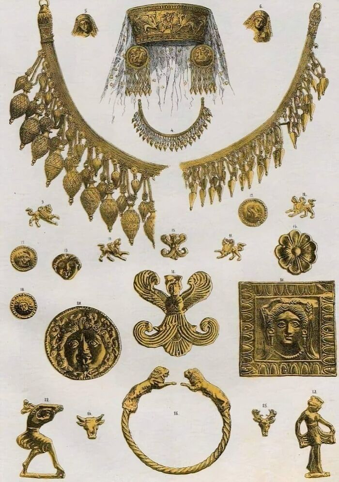 Joyas de una reina escita encontradas en el túmulo de Chertomlyk, cerca de Nikopol, provincia de Katerynoslavsk (actual oblast de Dnipropetrovsk, Ucrania).