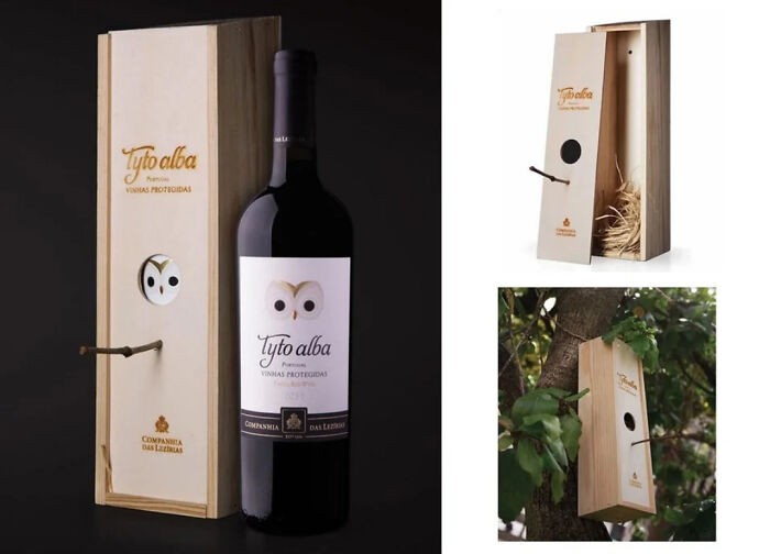 Caja para botella de vino diseñada para ser reutilizada como casa para pájaros