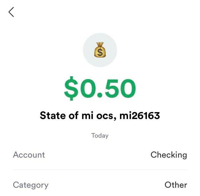Primer pago de manutención en tres años. Le pregunté a mi ex por qué pagó sólo cincuenta centavos, y me mostró el recibo donde pagó $300. El estado de Michigan se quedó con $299.50 en honorarios...