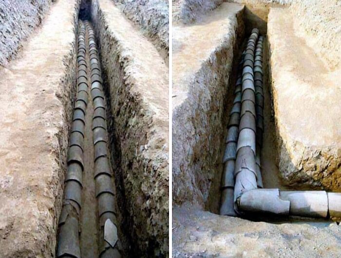 Tuberías de agua de cerámica china de 4.000 años de antigüedad descubiertas en el yacimiento arqueológico de Pingliangtai, en las llanuras centrales de China.
