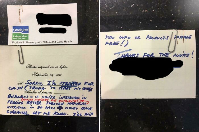 Mi madre estaba revisando sus recuerdos de boda y encontró esta tarjeta de respuesta de un familiar. ¿Cómo de cutre puedes llegar a ser?