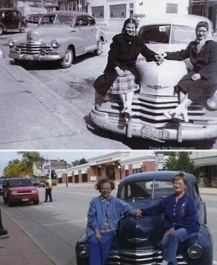 Sentadas en su Chevrolet de 1947 en la cafetería, y 63 años después