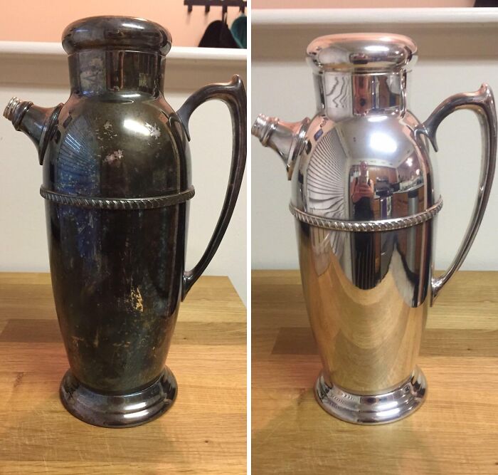 Una coctelera de plata de mediados de siglo por 7 dólares. Miren lo que puede hacer un poco de pulidor