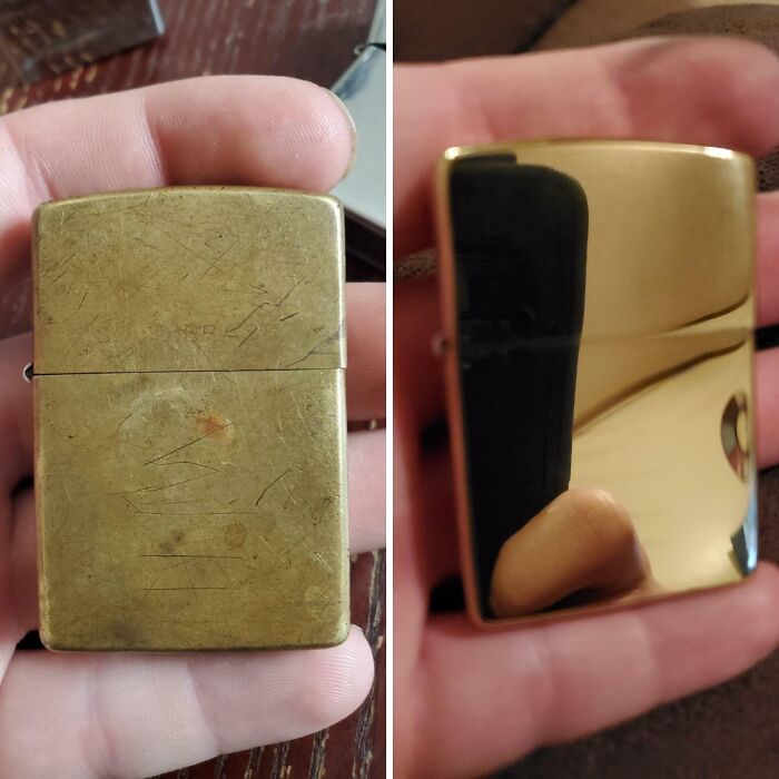 Antes y después: encendedor Zippo de 1995. Algún día, se volverá a ver como antes del lijado y el pulido