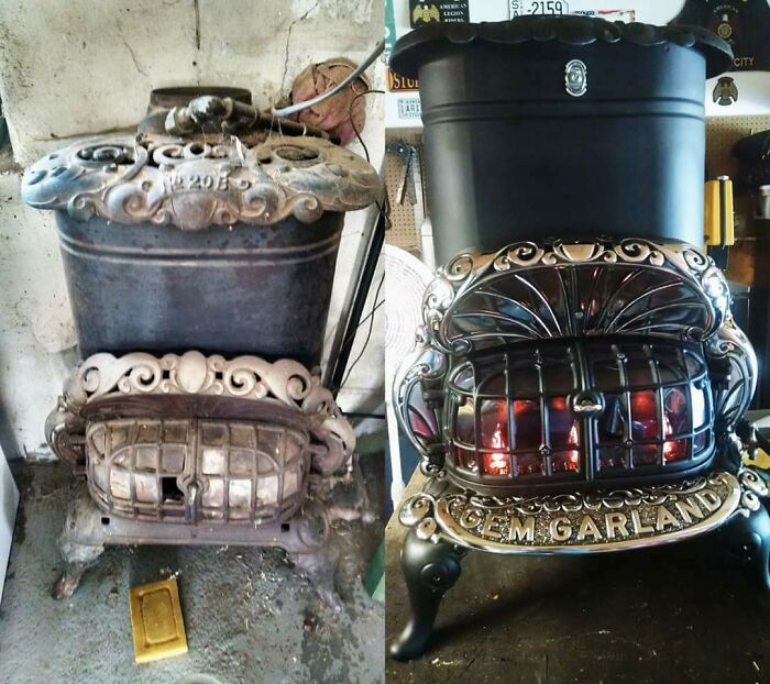 Restauré la estufa de gas de mis abuelos. No volvió a su estado original, la cámara de combustión y los quemadores estaban en muy mal estado, así que instalé bombillas eléctricas de llama parpadeante.