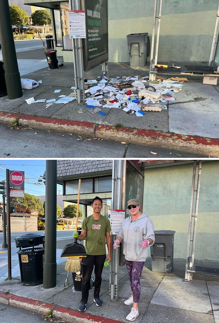 Llenaron de basura la parada del autobús 44 durante una noche. Fui a limpiarla y conocí a una “nueva” vecina, Debbie (quien ha vivido aquí durante 30 años), quien me ayudó. La gente habla basura sobre San Franciso: nosotros, la recogemos