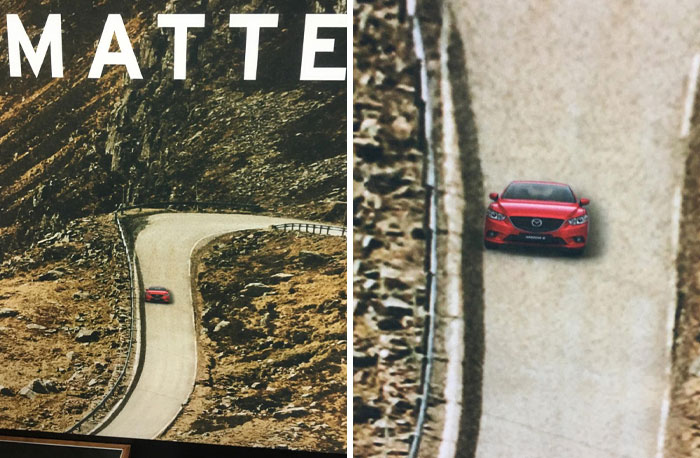 Este auto fue agregado con Photoshop al cartel del stand de Mazda en el Salón Internacional del Automóvil de Portland