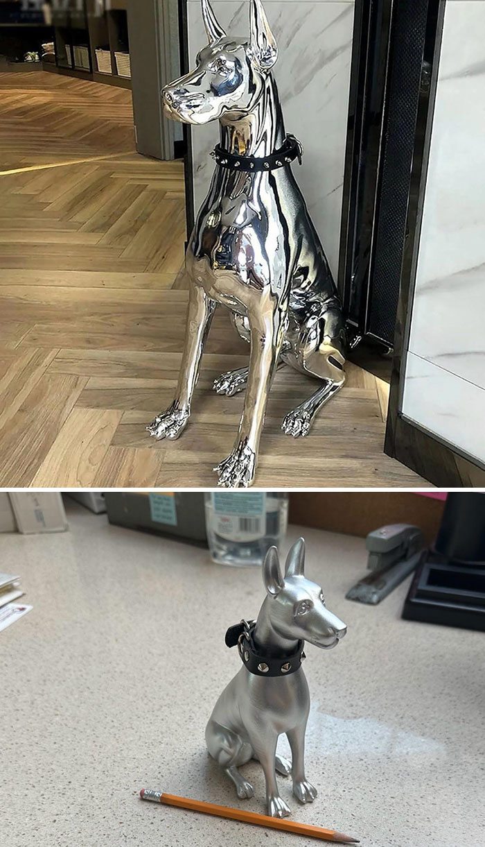 Ordenó una hermosa estatua de cromo de un Doberman, la descripción decía 90 cms de altura