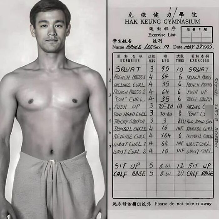 Régimen de ejercicios del joven Bruce Lee a los 25 años el 27 de mayo de 1965