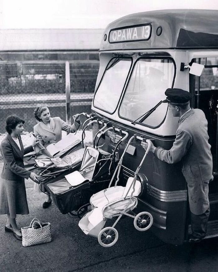 Cochecitos de bebé atados a la parte delantera del autobús en Opawa, Nueva Zelanda (años 50)