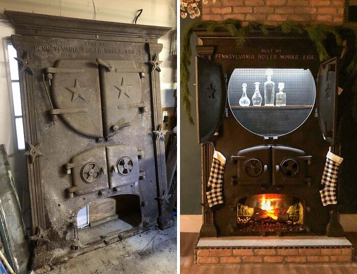 Puerta de caldera antigua que convertí en chimenea