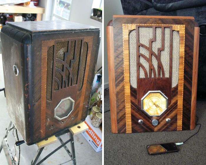 Una vieja radio vintage reconvertida en altavoz para iPod