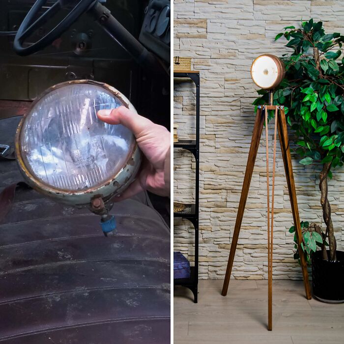 Restauré este faro oxidado y roto de un Chevy de 1940 y lo transformé en una lámpara de pie