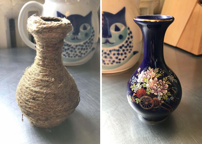 Vi un poco de cobalto en el fondo de este florero. Quité el cordel y la cola caliente y descubrí que tenía tres capas de pintura (negra, dorada y roja). Un poco de remojo en agua hirviendo y algunos pelados de pintura muy satisfactorios me dieron esto