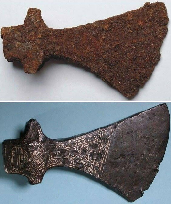 Hacha vikinga antes y después