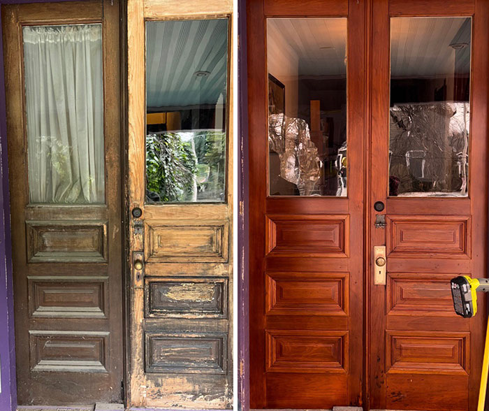 Hemos renovado las puertas delanteras de nuestra casa de 1864, hemos aprendido mucho y nos encanta el resultado. Acabado con Wood Kote Ultra 450 Poly
