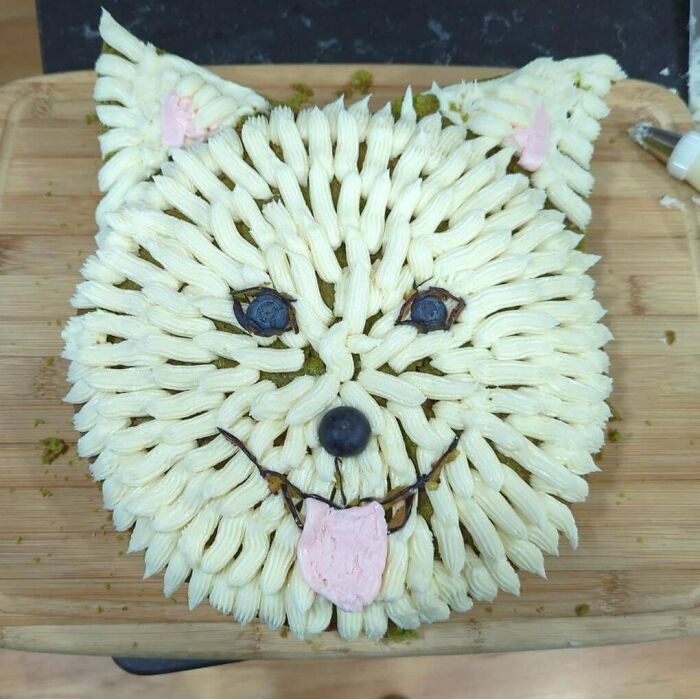 Pastel decorado en forma de perro con crema blanca y detalles en arándanos, mostrando creatividad en repostería.