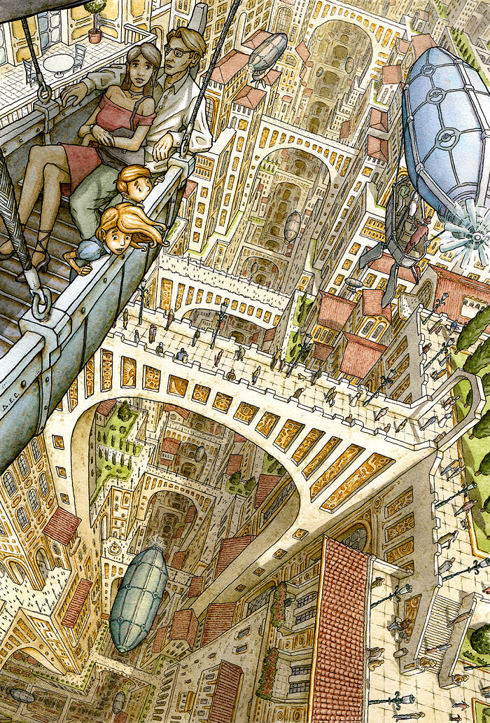 Familia en globo aerostático sobre ciudad con arquitectura surrealista y estructuras imposibles en perspectiva fantástica.