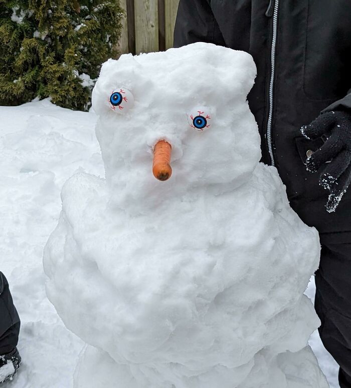 Mis hijos han hecho un muñeco de nieve y han usado los ojos que ponemos en Halloween