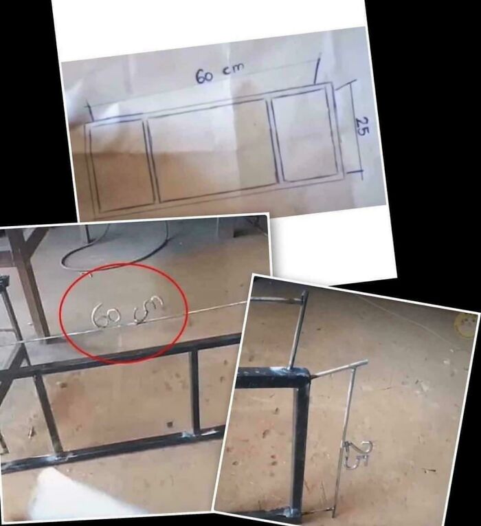 Boceto con medidas y estructura metálica incompleta por empleados perezosos.