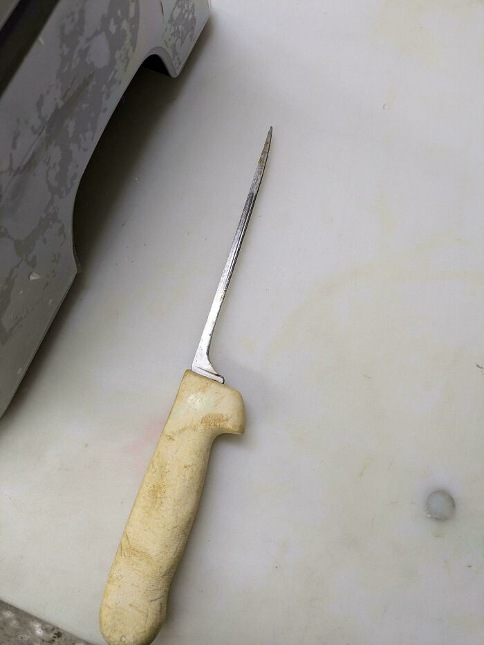 Este es un cuchillo real que es utilizado por el cortador de pescado en mi trabajo actual. Lo ha estado usando durante 35 años.