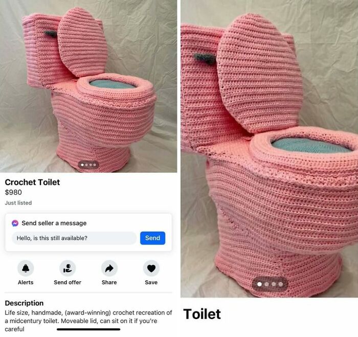 Inodoro de ganchillo hecho a mano en venta, ejemplo de cosas raras encontradas en Facebook Marketplace.