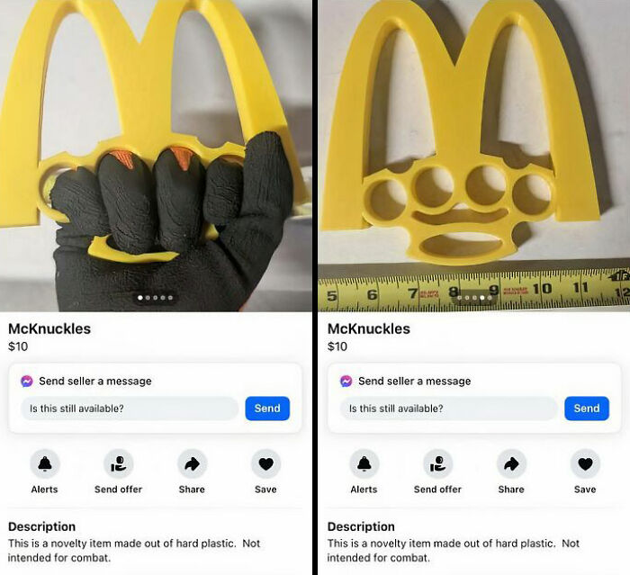 Ventas de cosas raras en Facebook Marketplace, objeto plástico amarillo tipo nudillera estilo McDonald's.
