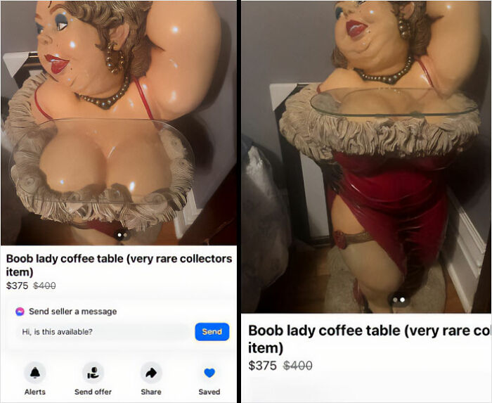 Mesa de café con figura femenina rara encontrada en venta en Facebook Marketplace, artículo curioso y coleccionable.