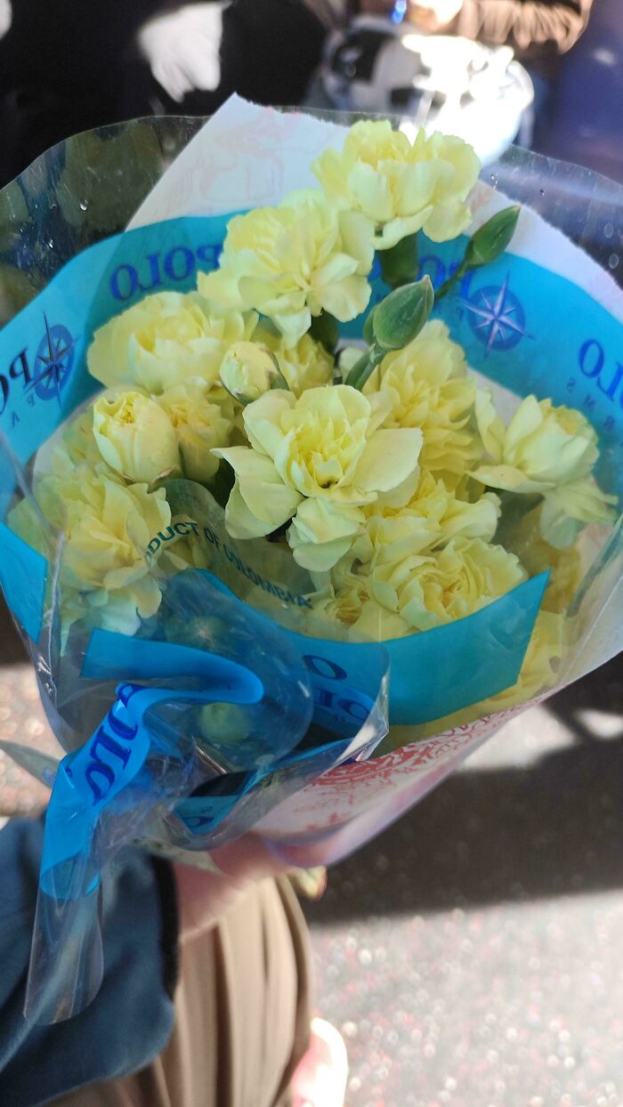 Ramo de flores amarillas envuelto en plástico transparente, imagen relacionada con citas que no salieron bien compartidas en internet.