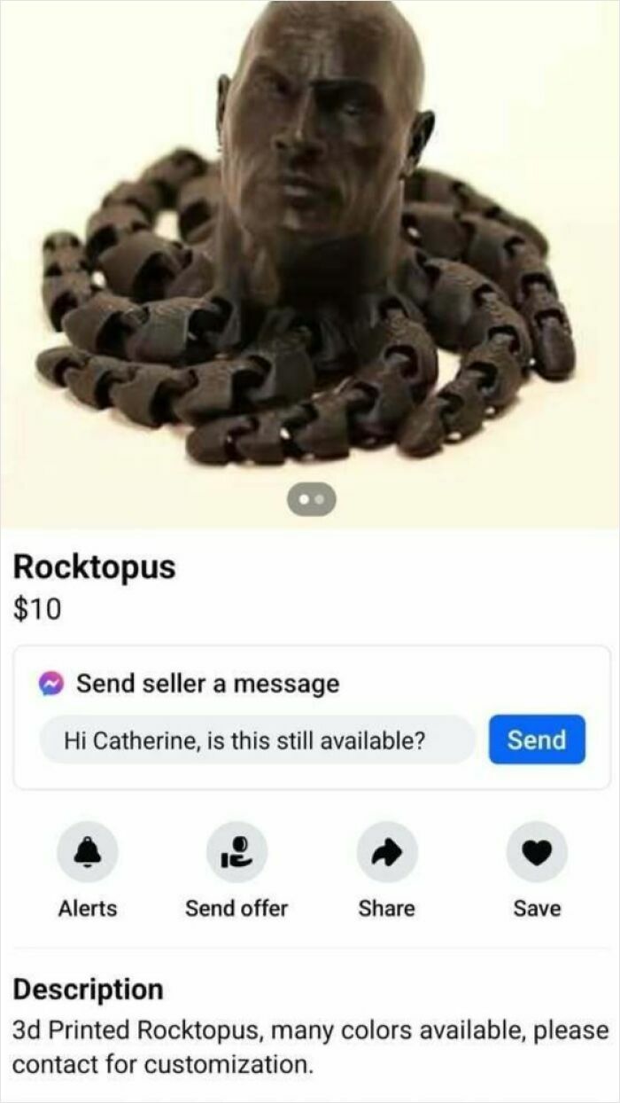 Escultura 3D de Rocktopus con cabeza humana y tentáculos, ejemplo de cosas raras en venta en Facebook Marketplace.