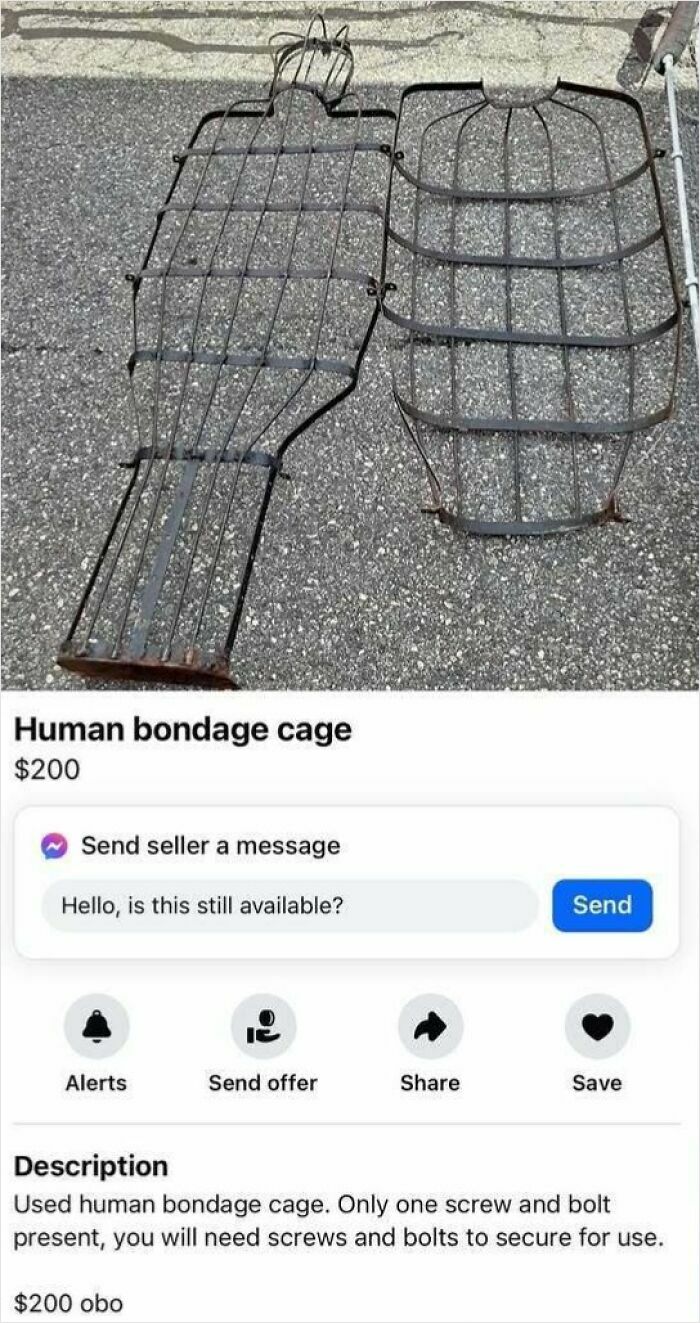 Jaula de bondage para humanos en venta en Facebook Marketplace, una de las cosas raras encontradas a la venta.
