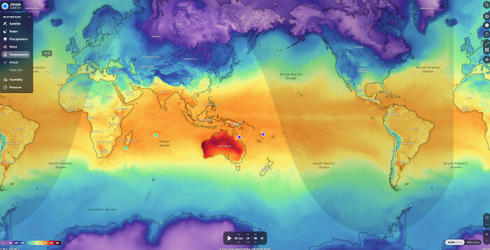 Mapa climático mundial resaltando el calor en Australia.